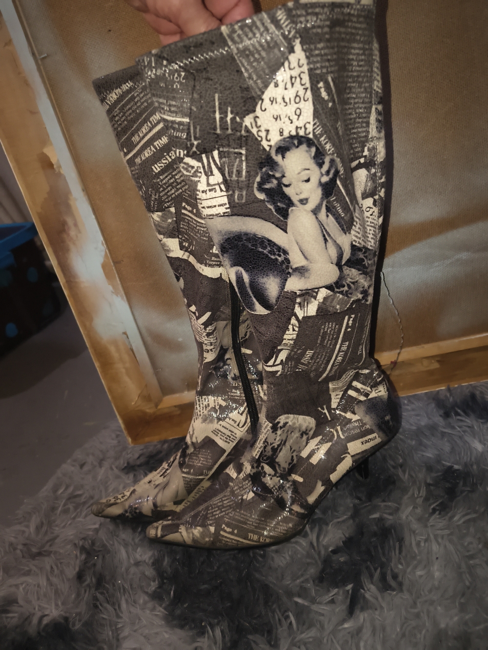 Elle Black & White Newspaper Print Knee-High Heeled Boots